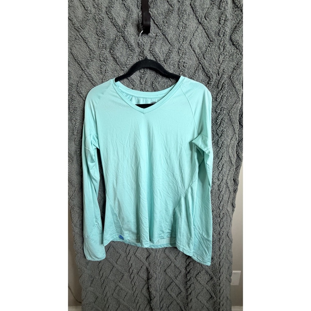 AFTCO Shirt Womens Medium Blue V Neck Long Sleeve Fishing Performance Tee